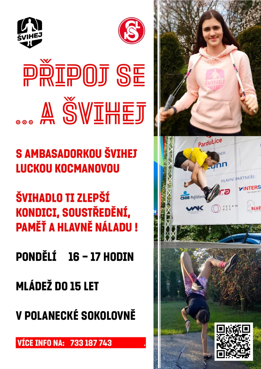Plakát: Připoj se a švihej – pondělí 16–17 hodin, mládež do 15 let